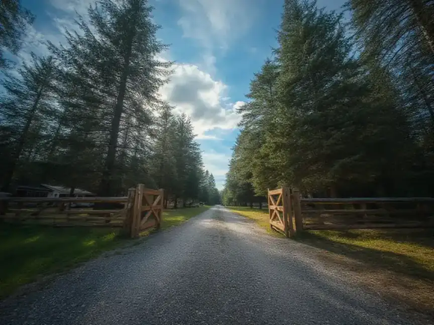 An open wooden entrance gate at the start of a gravel road running between tall pines