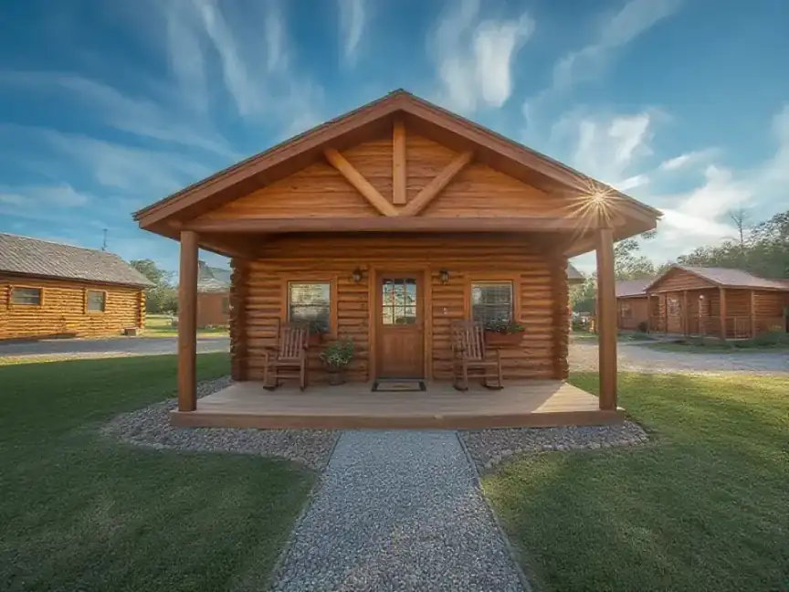 A log camp office cabin with a covered porch, two rocking chairs and a gravel path to the door
