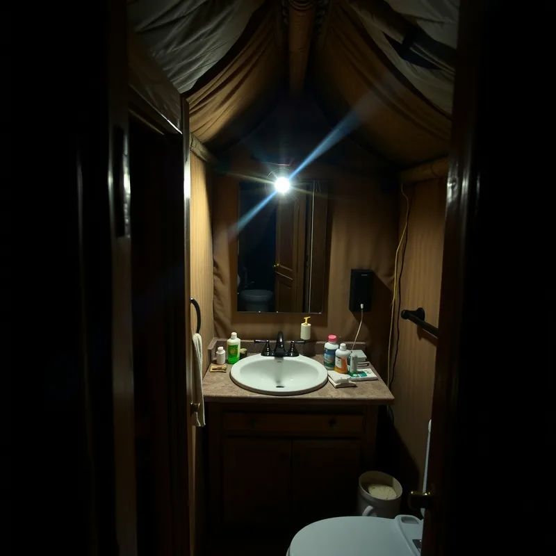 A cramped, dimly lit glamping bathroom with camera flash glare and clutter on the counter