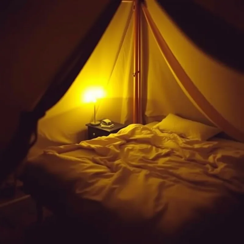 A glamping tent bed shot at night with harsh yellow lamp light and an unmade bed