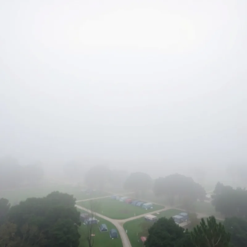 A distant, foggy aerial drone photo of a campground where individual tents are barely visible